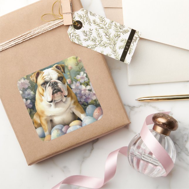 Sticker Carré Bulldog avec les oeufs de Pâques vacances (Cadeaux)