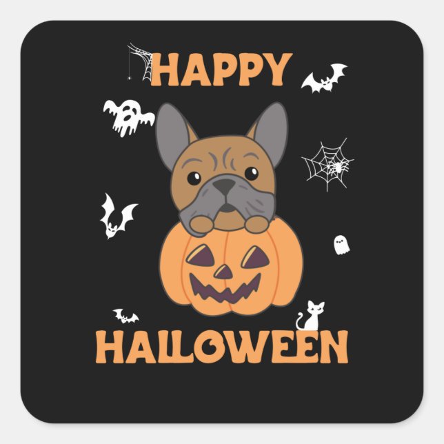 Sticker Carré Bulldog En Chiens Citrouilles Mignons Joyeux Hallo (Devant)