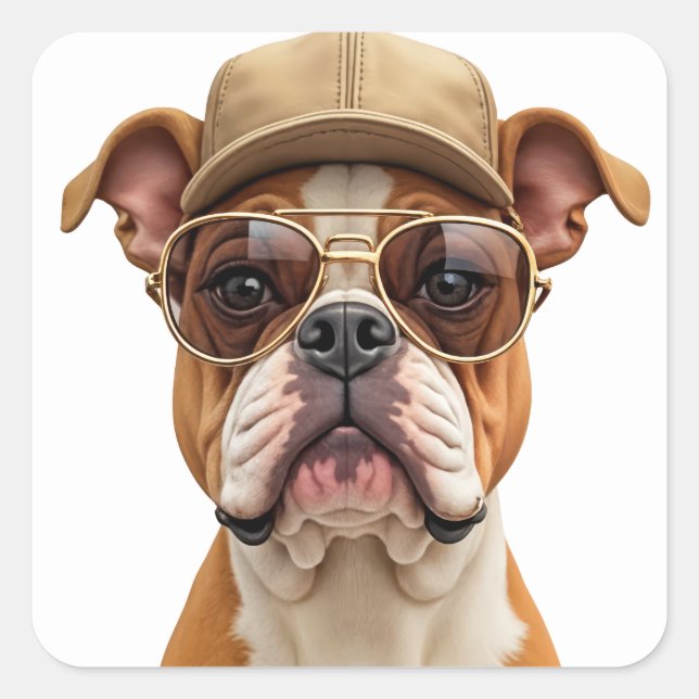 Sticker Carré Bulldog portant un Casquette beige (Devant)