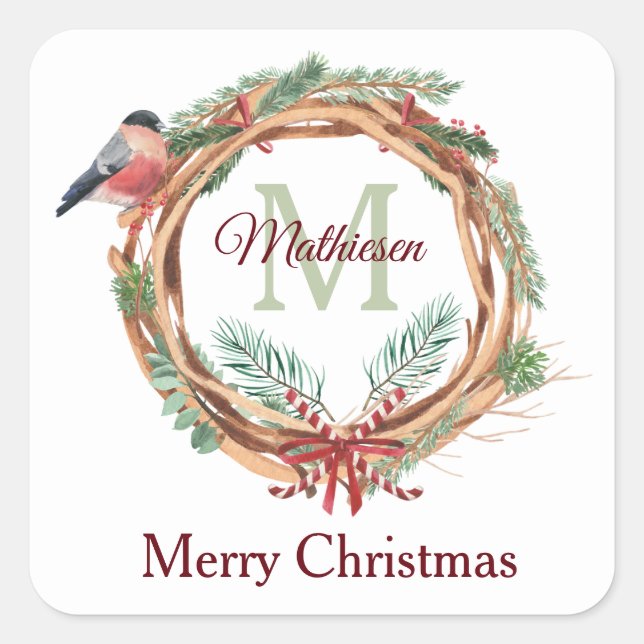 Sticker Carré Bullfinch rustique Wreath Monogramme Noël (Devant)