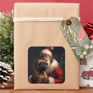 Sticker Carré Bullmastiff avec le Père Noël Festif Noël 