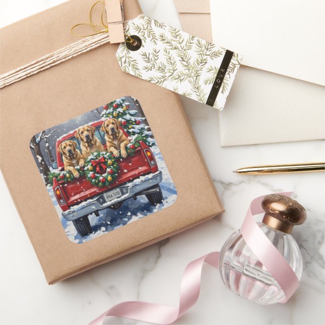 Sticker Carré Bullmastiff Christmas Red Truck Holiday (Cadeaux)