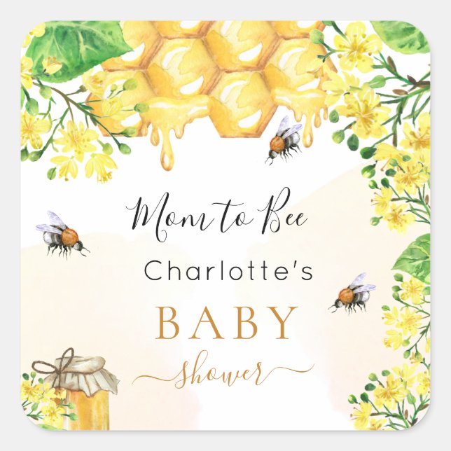 Sticker Carré Bumble abeilles miel fleurons jaune Baby shower (Devant)