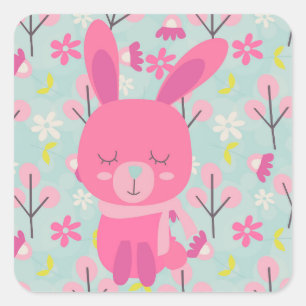 Sticker Carré Bunnies et fleurs roses