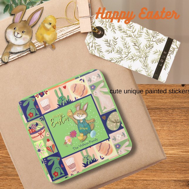 Sticker Carré Bunny de Pâques personnalisé coloré (Easter Bunny Custom Colorful Square Sticker)