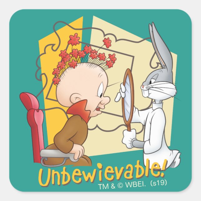Sticker Carré BUNNY™ et Elmer Fudd "Unbewievable" Barber BUGS (Devant)