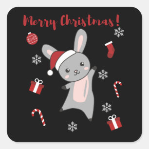 Sticker Carré Bunny Merry Christmas Winter Animals Rabbits
