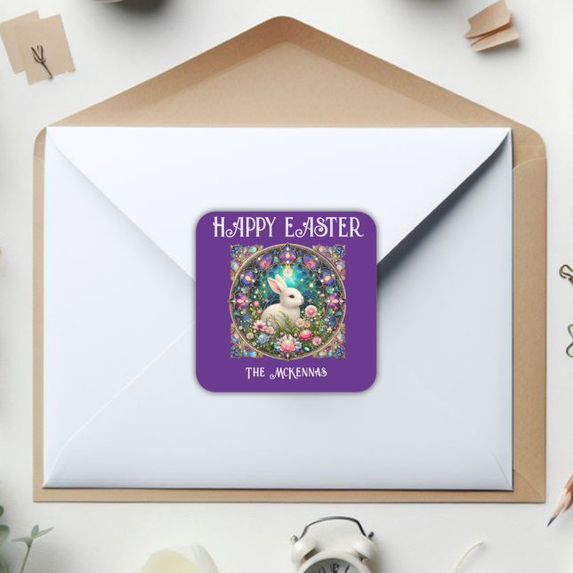 Sticker Carré Bunny Pâques violet Art Nouveau Vitrail (Créateur téléchargé)