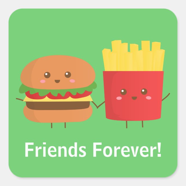 Sticker Carré Burger mignon et frites amies pour toujours (Devant)