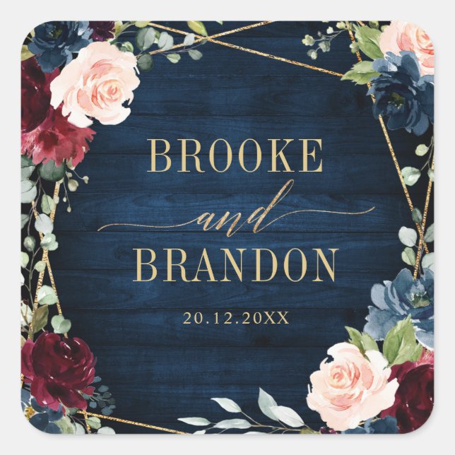 Sticker Carré Burgundy Navy Blush Floral Mariage géométrique (Devant)