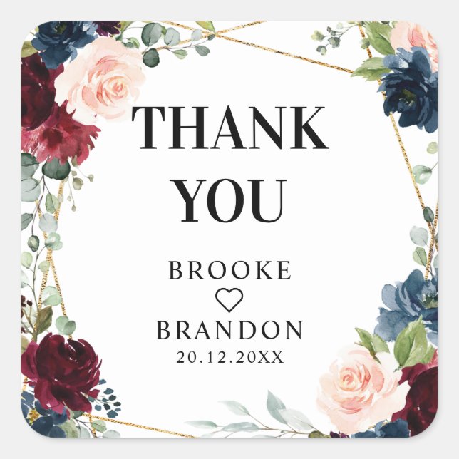 Sticker Carré Burgundy Navy Blush Floral Mariage géométrique (Devant)