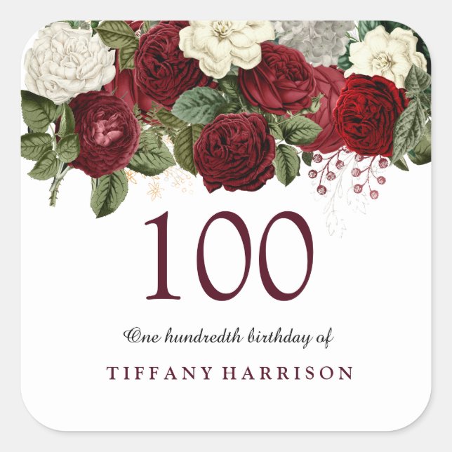 Sticker Carré Burgundy Rouge Blanc Rose 100e Anniversaire Sticke (Devant)