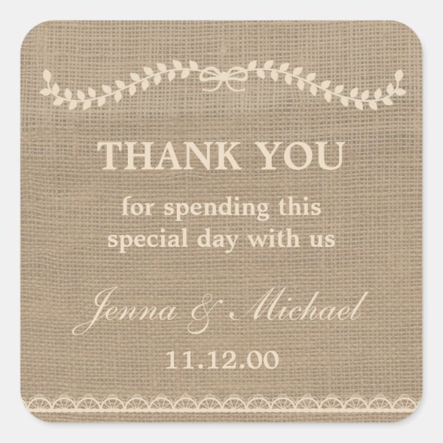 Sticker Carré Burlap et mariage de dentelle merci de favoriser a (Devant)