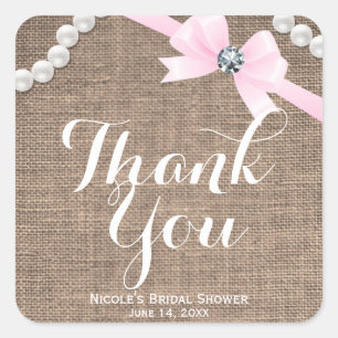 Sticker Carré Burlap & Pearls Pink Bow Glamor Party Favoriser
