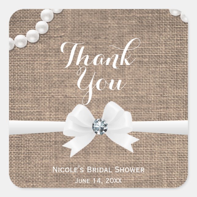 Sticker Carré Burlap & Pearls Rustic Glamor Fête des mariées Fav (Devant)