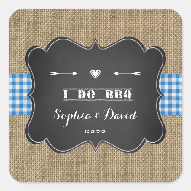 Sticker Carré Burlap rustique et Chalkboard I DO BBQ (Devant)