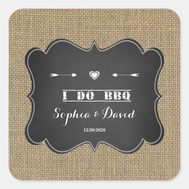 Sticker Carré Burlap rustique et Chalkboard I DO BBQ (Devant)
