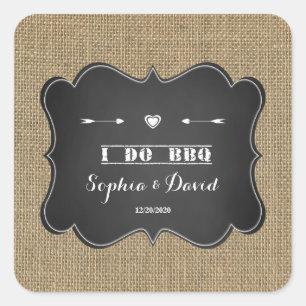 Sticker Carré Burlap rustique et Chalkboard I DO BBQ