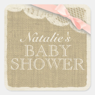 Sticker Carré Burlap vintage et dentelle avec Bow rose