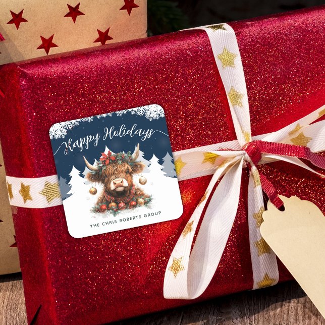 Sticker Carré Business Happy Holidays Cute Festive Highland Cow (Créateur téléchargé)