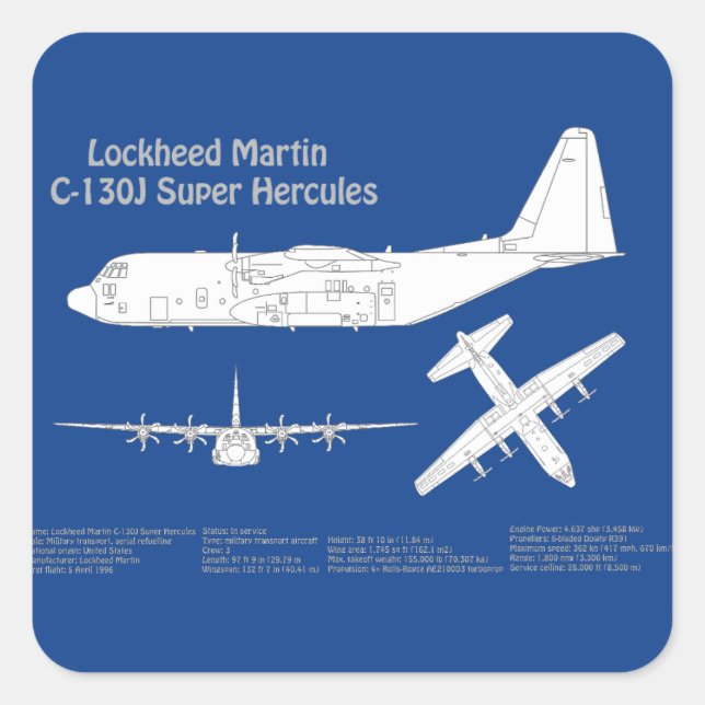 Sticker Carré C-130 Hercules - Plan directeur de l'avion ABD (Devant)