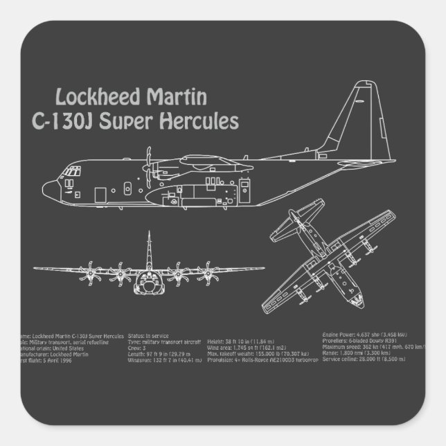 Sticker Carré C-130 Hercules - Plan directeur de l'avion PD (Devant)
