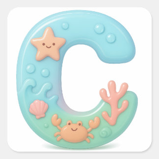 Sticker Carré "C" Cute Bubble Letter - Underwater Sea Creature A
