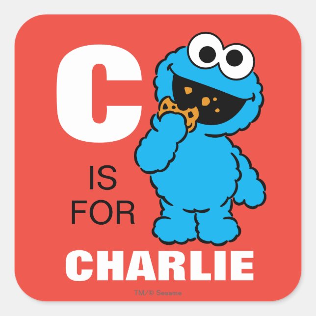 Sticker Carré C est pour Cookie Monster | Ajouter Votre Nom (Devant)