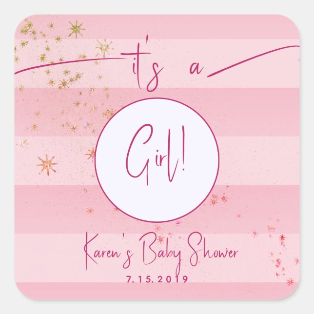 Sticker Carré Cabane rose moderne Stripes & Gold Stars Girl Baby (Devant)