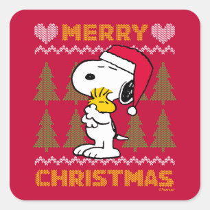 Sticker Carré cacahuètes Snoopy & Woodstock Santa Claus Hug