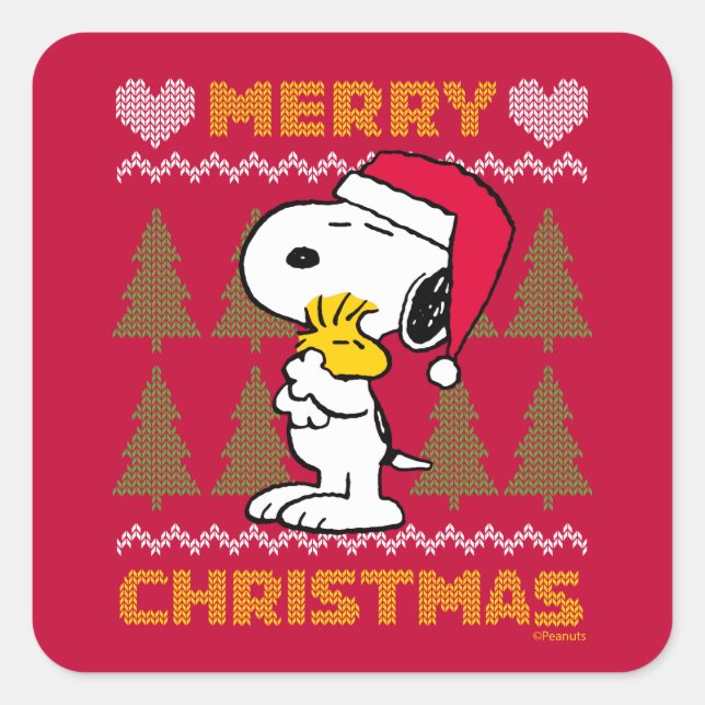 Sticker Carré cacahuètes | Snoopy & Woodstock Santa Claus Hug (Devant)