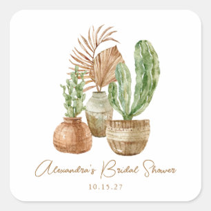 Sticker Carré Cactus à l'aquarelle Boho Plante de Pampas Baby Sh