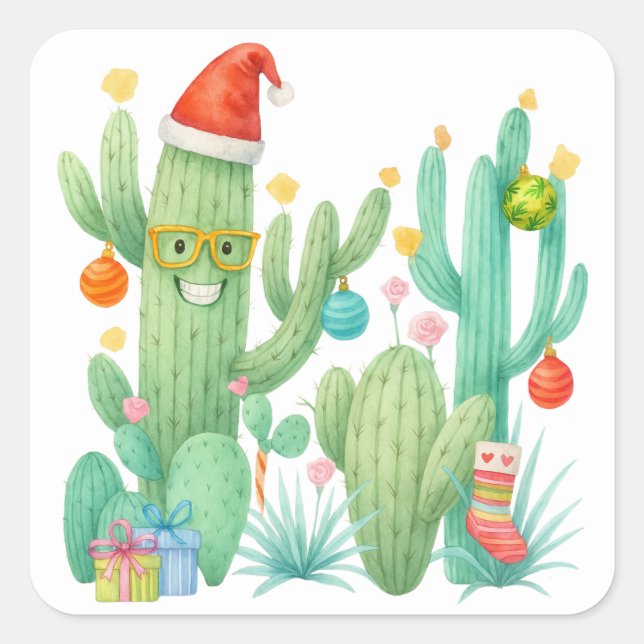 Sticker Carré Cactus de Noël Festif avec chapeau et ornement (Devant)