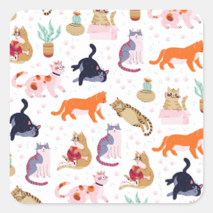 Sticker Carré Cactus vert de Boho Summer Cute Cats