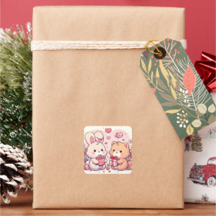Sticker Carré Cadeau d'amour de lapin de Pâques mignon Kawaii