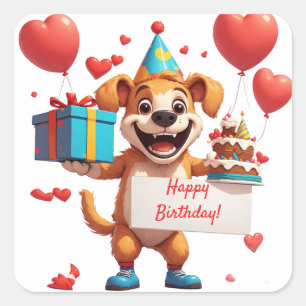 Sticker Carré Cadeau d'anniversaire de chien heureux avec des cœ