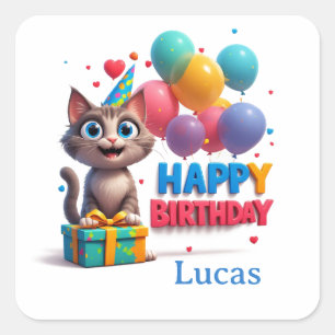 Sticker Carré Cadeau d'anniversaire pour chat aux grands yeux 🎉