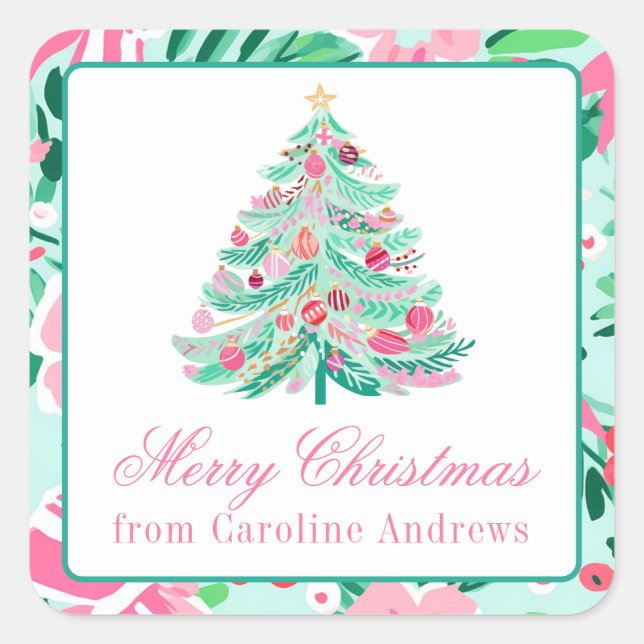 Sticker Carré Cadeau d'arbre de Noël rose et vert Preppy (Devant)