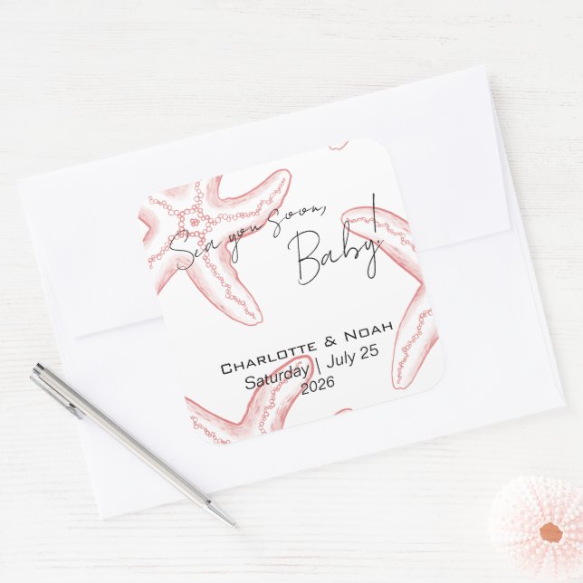 Sticker Carré Cadeau de Baby Shower "Sea You Soon" (Enveloppe)