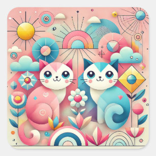 Sticker Carré Cadeau de chat de dessin animé mignon pour les ama