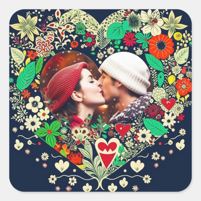 Sticker Carré Cadeau de coeur floral personnalisé Cadeau romanti (Devant)