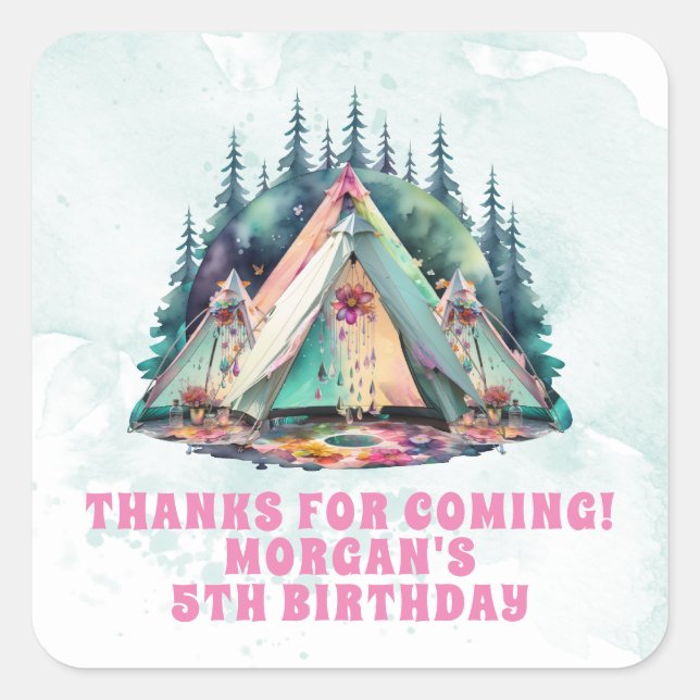 Sticker Carré Cadeau de fête d'anniversaire pour une soirée camp (Devant)