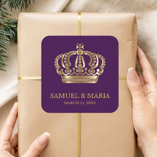 Sticker Carré Cadeau de mariage Couronne dorée Violet Royal