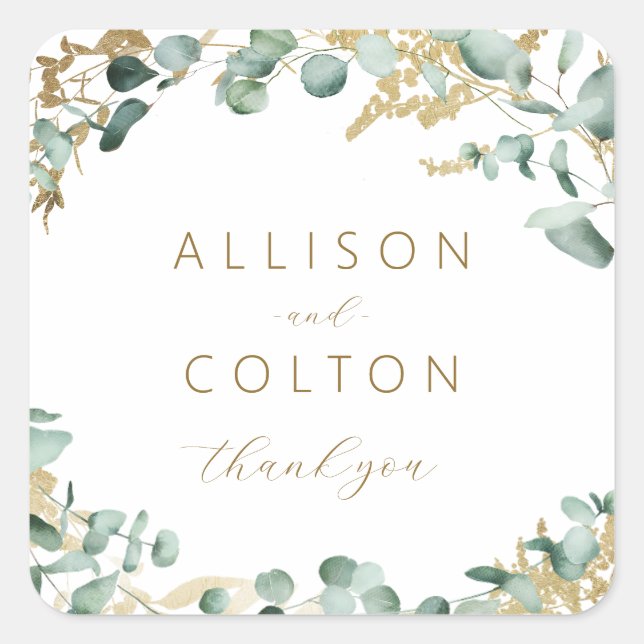 Sticker Carré Cadeau de mariage rustique eucalyptus or boho (Devant)