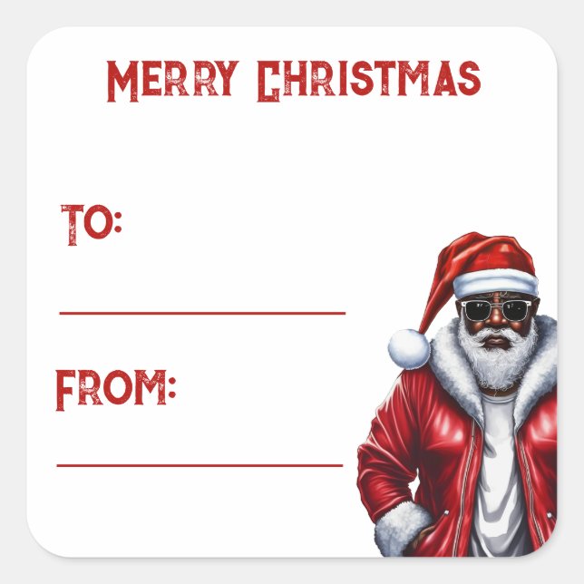 Sticker Carré Cadeau de Noël afro-américain Black Père Noël (Devant)