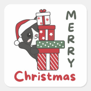 Sticker Carré Cadeau de Noël Chat Animaux d'hiver Chats