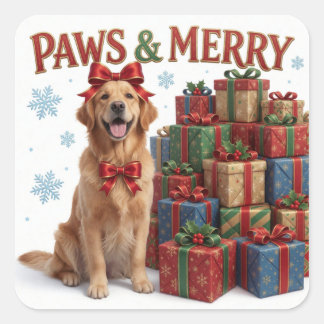 Sticker Carré Cadeau de Noël de retriever doré pour les Fêtes