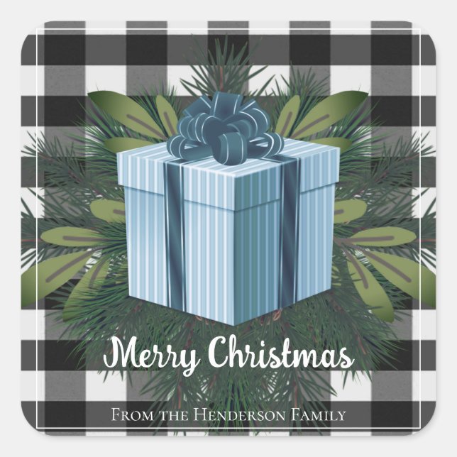 Sticker Carré Cadeau de Noël Plaid Buffalo | Noël bleu (Devant)