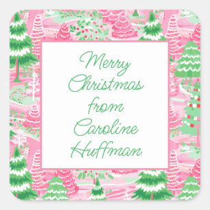 Sticker Carré Cadeau de Noël rose et vert