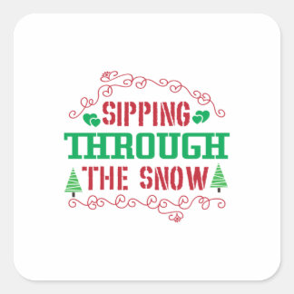 Sticker Carré Cadeau de Noël Sipping À Travers La Neige